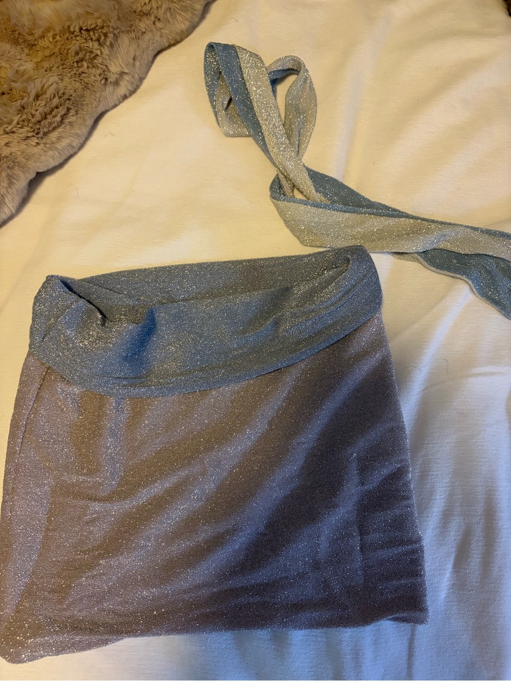 Shimmery Metallic Blue Tube Top with Neck Scarf